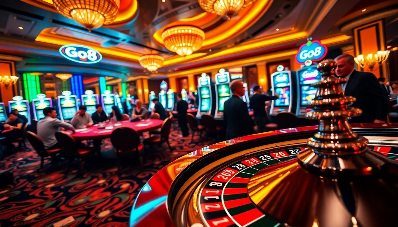 Go8 brings the thrill of casino gaming with vibrant tables and exciting players at a bustling casino.