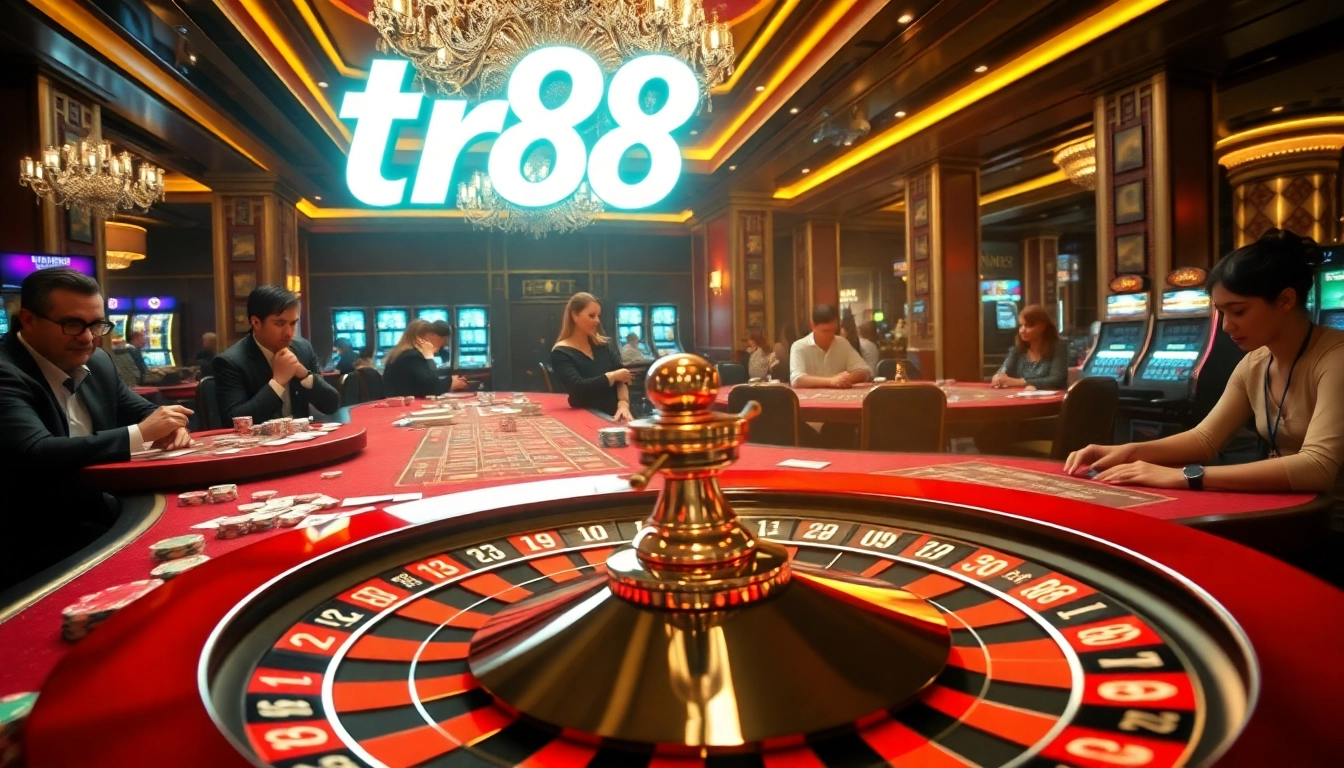 Experience high-stakes excitement at tr88 with players enjoying classic casino games in a vibrant atmosphere.