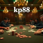 kp88 showcases a high-stakes poker game with intense players, colorful chips, and an elegant casino ambiance.
