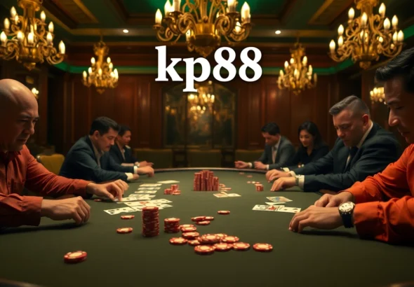 kp88 showcases a high-stakes poker game with intense players, colorful chips, and an elegant casino ambiance.