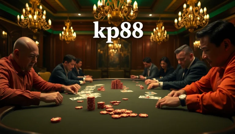 kp88 showcases a high-stakes poker game with intense players, colorful chips, and an elegant casino ambiance.